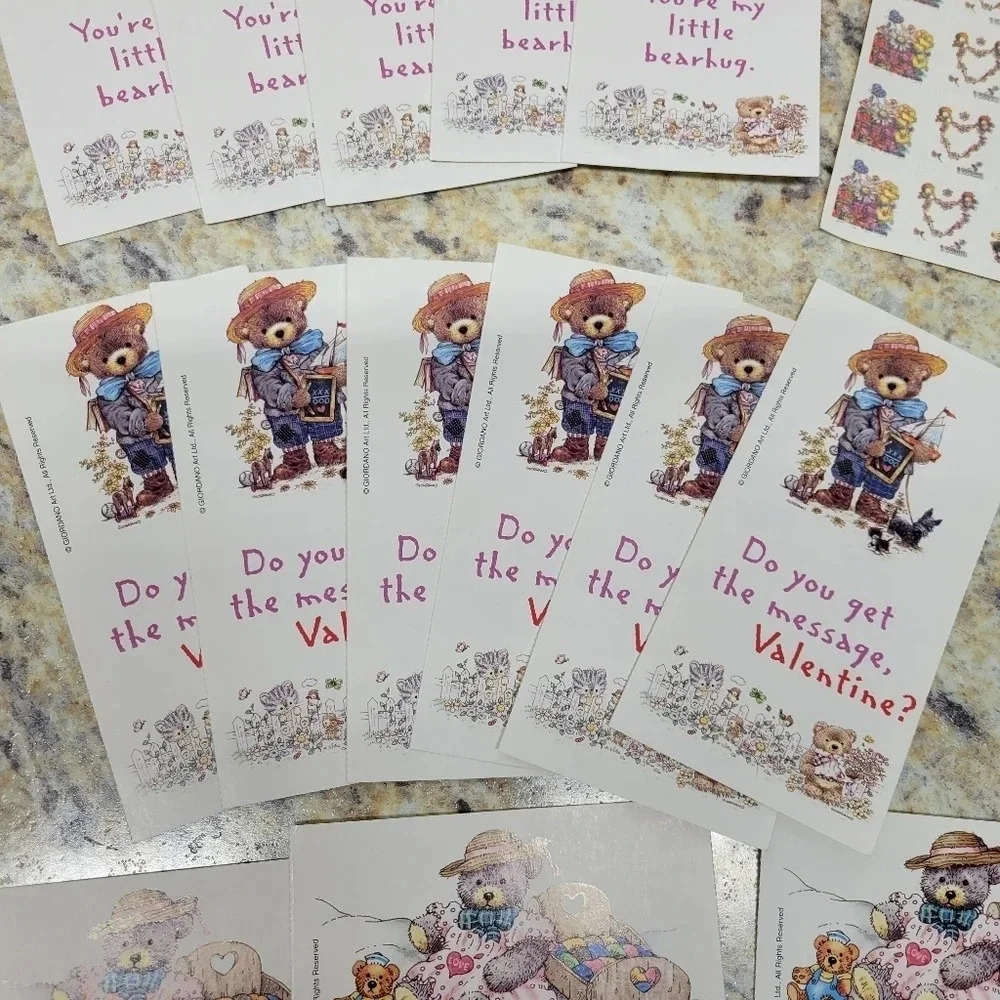 Vintage Bear Hugs 48 Fold & Seal Valentine's Day Cards Complete w/ Sticker Seals - Picture 6 of 8
